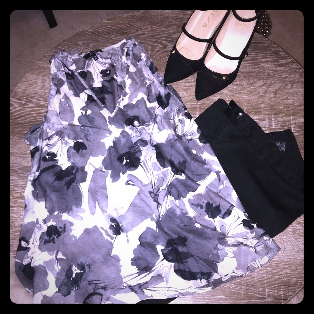 Express black and white sleeveless ruffle neck